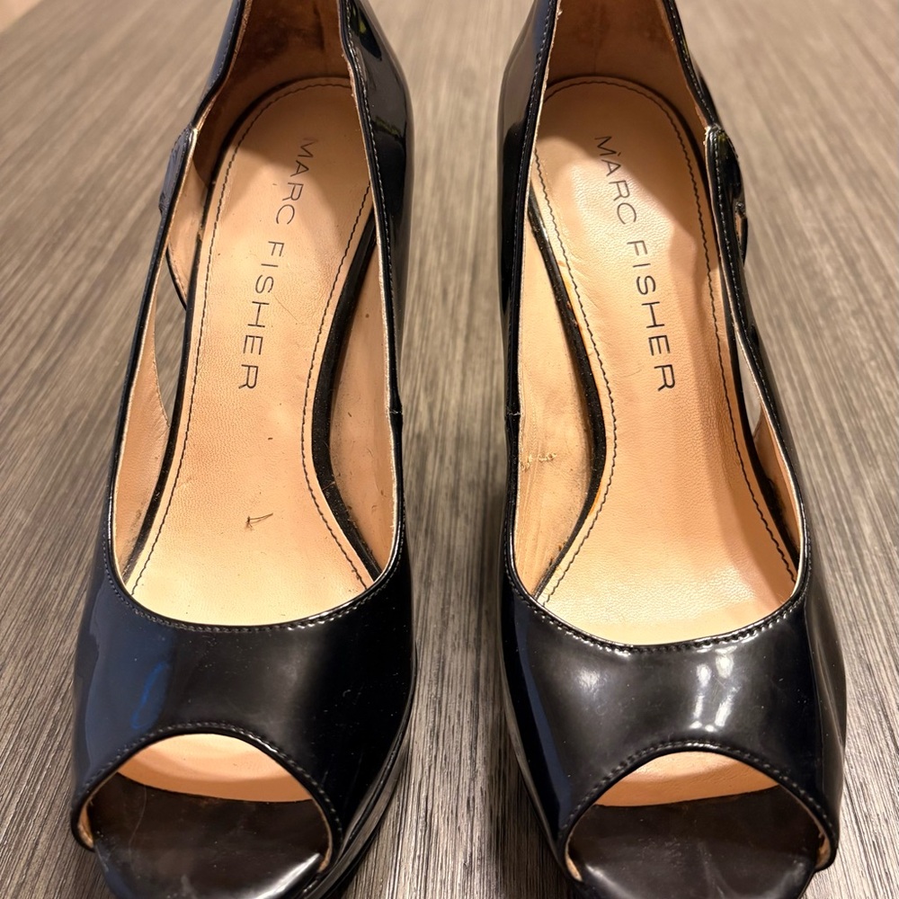 Marc Fisher Glossy Black Peep Toe Heels